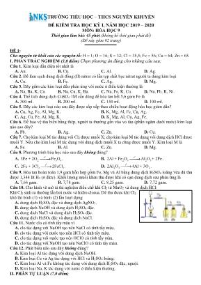 Đề kiểm tra học kỳ I môn Hóa học Lớp 9 - Đề 1 - Năm học 2019-2020 - Trường Tiểu học - THCS Nguyễn Khuyến
